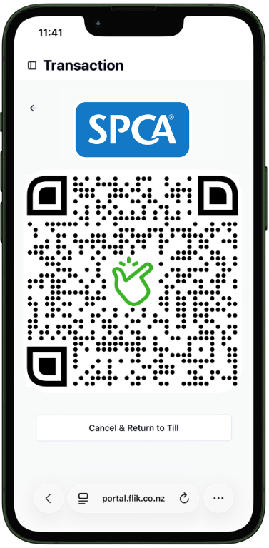 SPCA donation QR code powered by Flik