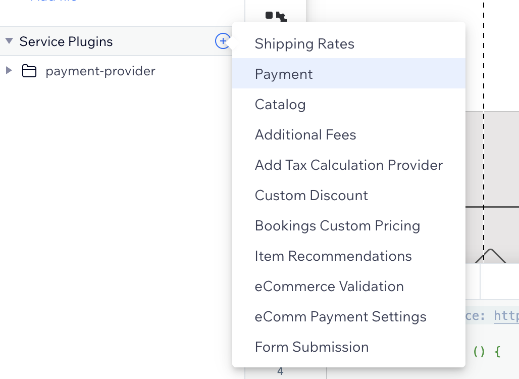 Wix Service Plugins menu showing the Payment option highlighted