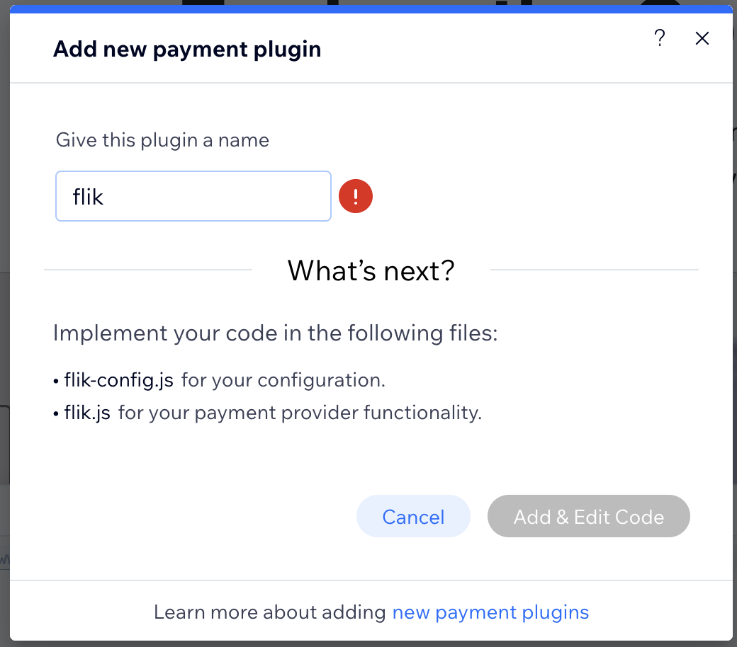 Add new payment plugin dialog with 'flik' entered as plugin name