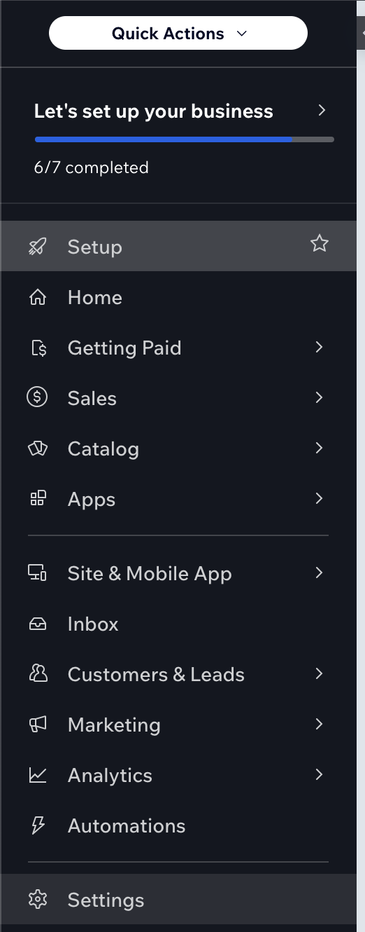 Wix dashboard main menu highlighting Settings