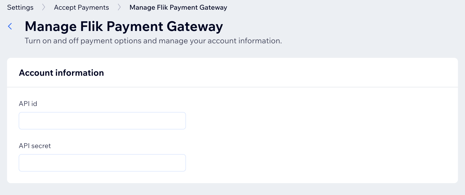 Manage Flik Payment Gateway screen with API id and API secret fields